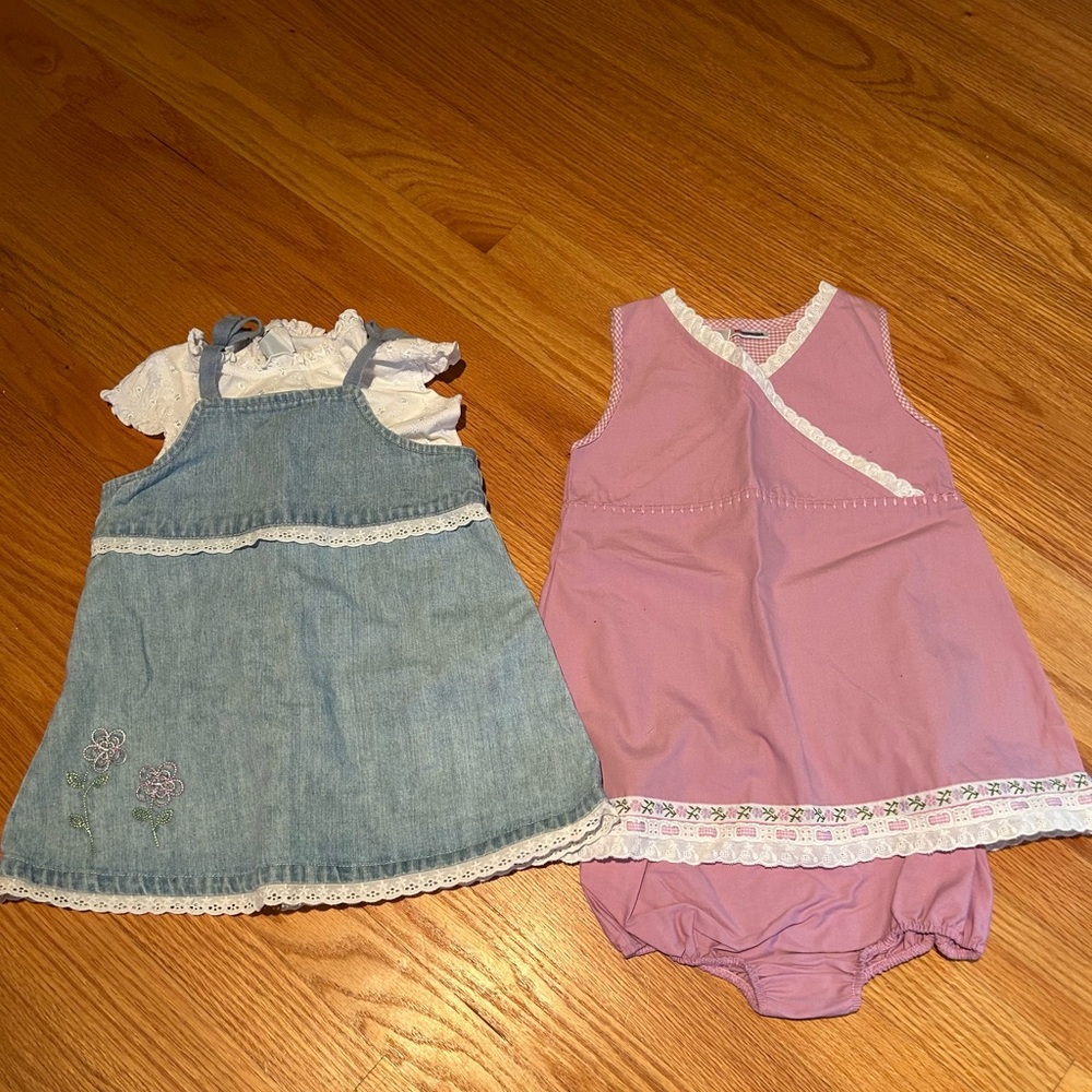 Pink and White Babydoll Sundress and Blue Denim Dress with White Flower Onsie